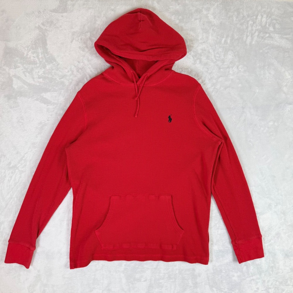 Polo Ralph Lauren Waffle Knit Hoodie Womens Large Red Thermal Pullover Logo
